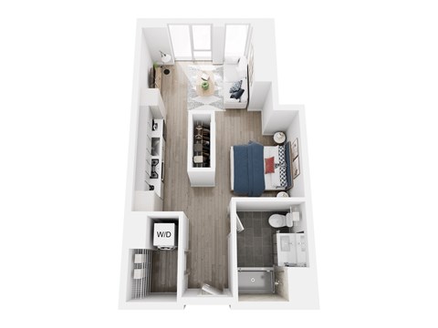 A top down view of a small apartment with a bed, a desk, and a kitchenette.